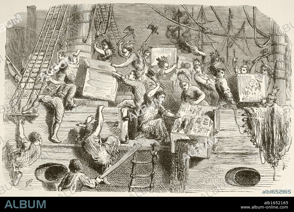 The Boston Tea Party, December 16, 1773. Colonists disguised as Mohawk Indians destroy chests of tea on ships in Boston harbour. From a 19th century illustration.