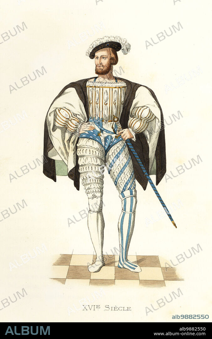 Claude, Duke of Guise, at age 30, 1496-1550. He wears a short black cloak, white slashed doublet adorned with his initial G, white and blue slashed breeches and striped hose. From a portrait in the chateau d'Eu. Claude de Lorraine, Premier Duc de Guise. Handcolored lithograph after an illustration by Edmond Lechevallier-Chevignard from Georges Duplessis's Costumes historiques des XVIe, XVIIe et XVIIIe siecles (Historical costumes of the 16th, 17th and 18th centuries), Paris, 1867. Edmond Lechevallier-Chevignard was an artist, book illustrator, and interior designer.