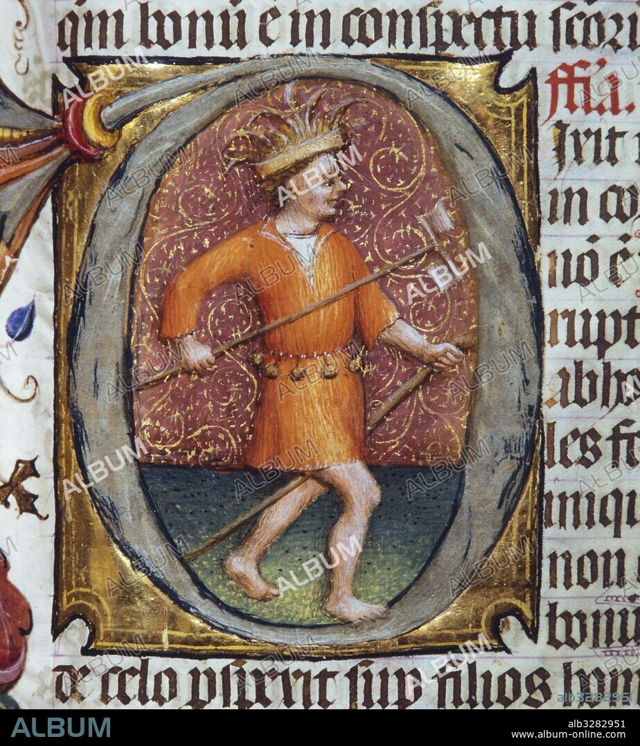 Libro de horas de Santa Clara, de Bernat Martorell. Detalle de personaje dentro de una letra capitular.  C. 1430-1435.   Temple sobre vitela. Procedente del Convento de santa Clara de Barcelona. Arxiu Històric de la Ciutat de Barcelona.