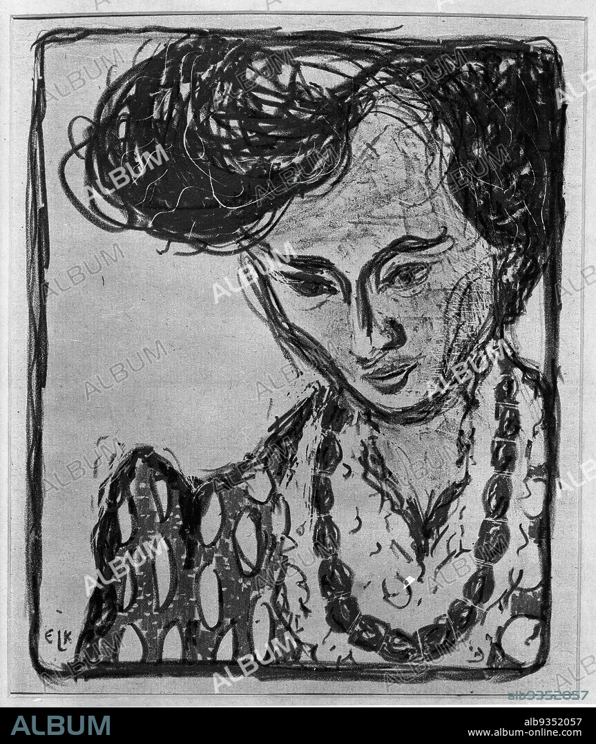 Head of Doris, Kopf Doris, Ernst Ludwig Kirchner, German, 1880-1938, Color lithograph in red and green on laid Japan paper, Germany, 1907, Image, irregular: 10 7/16 x 8 9/16 in., 26.5 x 21.7 cm, expressionist, german, german expressionist, head, IMLS, kirchner, Lithograph, necklace, Portrait, women.