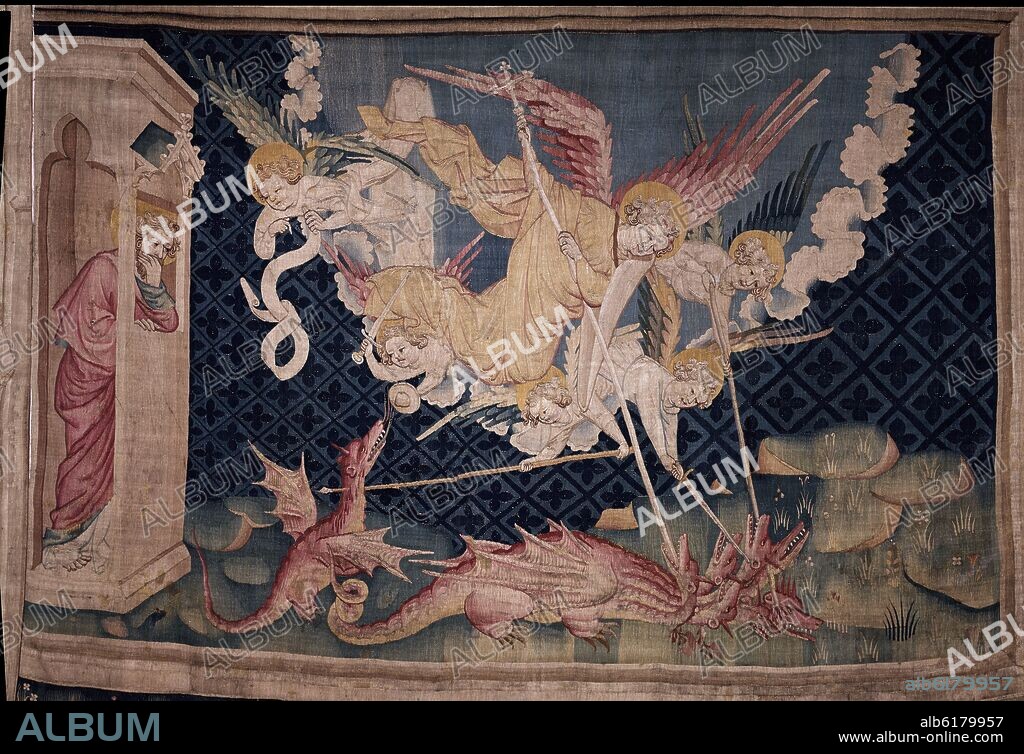 TAPIZ DEL APOCALIPSIS- SAN MIGUEL Y SUS ANGELES VENCIENDO AL DRAGON-carton J Bruges -S XIV.