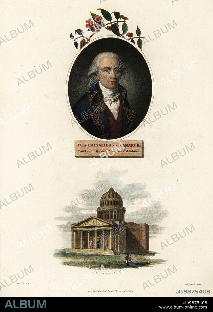 Oval portrait of Jean-Baptiste Pierre Antoine de Monet, Le Chevalier de Lamarck, French soldier, naturalist and academic, professor of botany of the National Institute, 1744-1829. Handcoloured engraving by William Hopwood after a portrait by Charles Thevenin. With the Pantheon at Paris by Jacques Louis David. Handcoloured copperplate stipple engraving from Dr. Robert John Thorntons New Illustration of the Sexual System of Carolus von Linnaeus, the Temple of Flora, London, 1805.