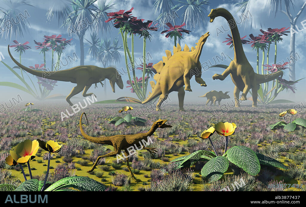 Dinosaurs running around an imaginative garden. Pictured are Compsognathus, Stegosaurus, Triceratops, Nanotyrannus and Camarasaurus.