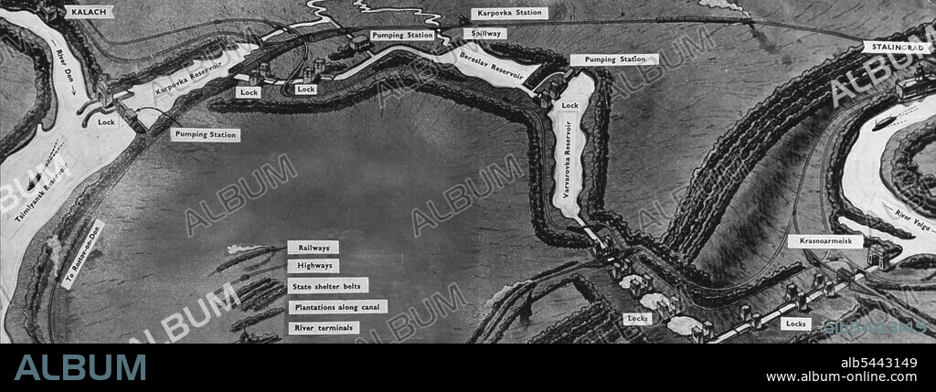 The Volga Don Canal: On the 31st May, 1952, the Press inn the Soviet Union Reported that work on the Gigantic Volga Don Canal had been Completed. A Waterway linked the two main rivers of the Soviet Union, thus forming a Connection between the White and Baltic seas inn the North with the Caspian, Asov and Black Seas in the South. The Canal is 63 miles long; its Completion means the joining of the 18,700 miles of Navigable river in the Volga and North Western basins with 8,000 miles of Navigable rivers of the Don and Dnieper. It will Provide the means for Irrigation and a supply of water for 6,700,000 acres of land in the Rostov and Stalingrad areas Since 1948 an army of builders had excavated 210 million Cubic yards of Earth; four million Cubic yards of Concrete and Ferro-Concrete were required to Strengthen the banks of the Canal. Our map illustrates the structure with its pumping stations, locks, and reservoirs. November 18, 1952. (Photo by Camera Press).