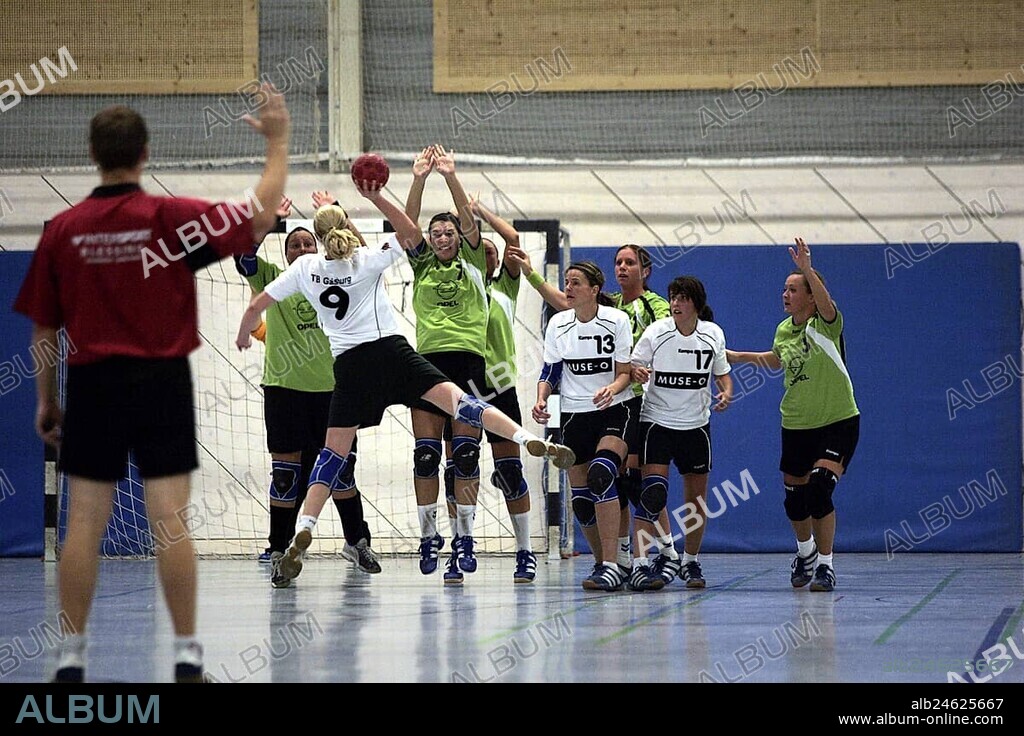 Handball, player throwing ball towards the goal, Stuttgart, Baden-Wuerttemberg, Germany