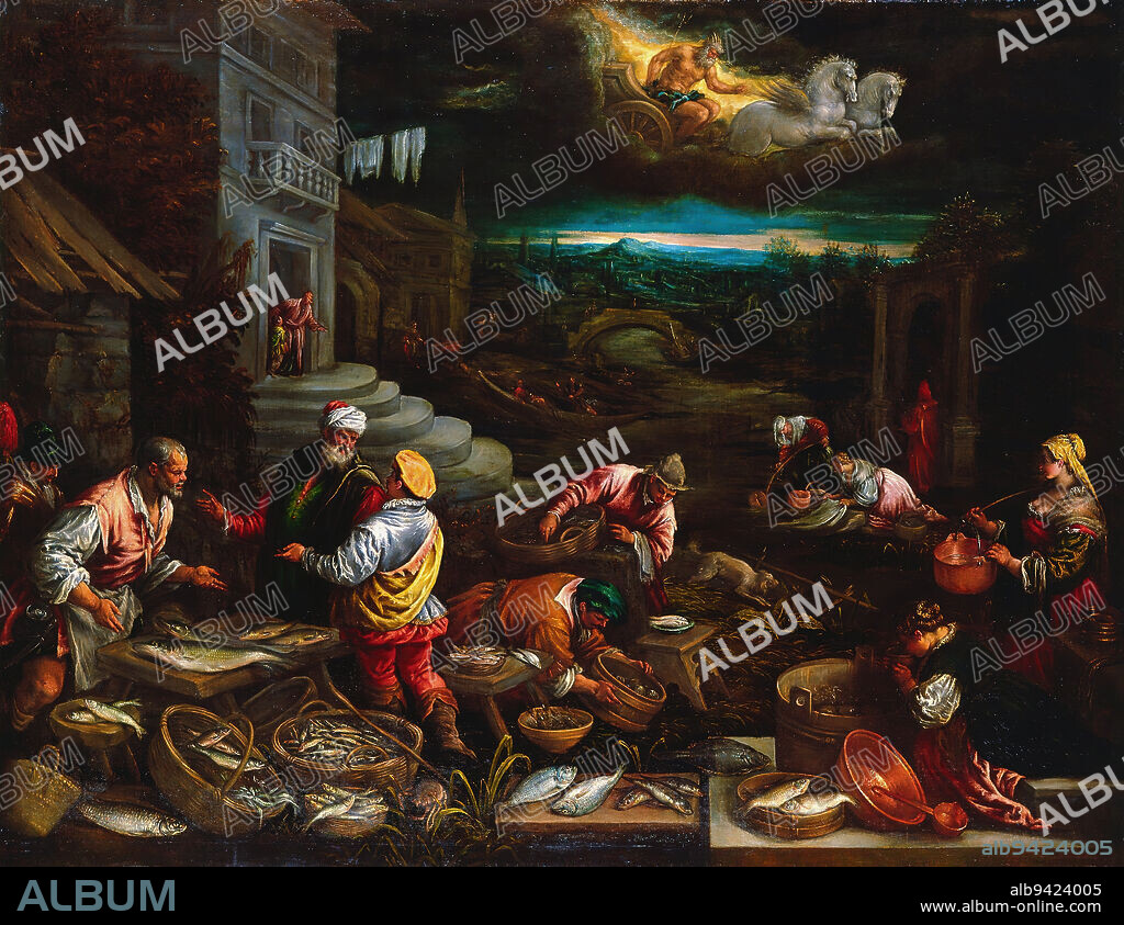 The Element of Water, c. 1576-1577, Francesco da Ponte (Francesco Bassano); Artist: Jacopo da Ponte (Jacopo Bassano), Italian (Venice), Italian (Venice), 15491592, 56 11/16 x 74 5/8 in. (143.99 x 189.55 cm) (canvas)66 1/2 x 83 5/8 in. (168.91 x 212.41 cm) (outer frame), Oil on canvas, Italy, 16th century, This nocturne, or night scene, shows a fish market being set up on a riverbank at dawn. The vendors display a variety of seafood, while other activities involving water, such as laundering, ferrying, and drinking, take place nearby. Above, Neptune, god of the sea, drives his chariot across the sky.