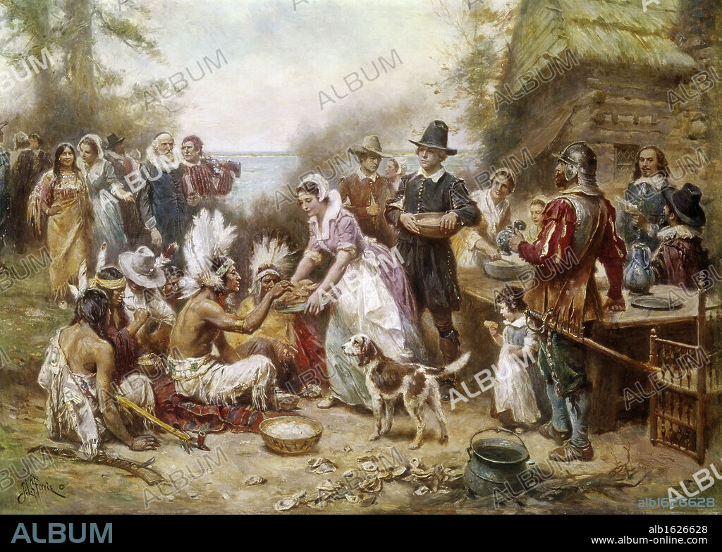 The First Thanksgiving in 1621  Jean Leon Gerome Ferris (1863-1930 American).