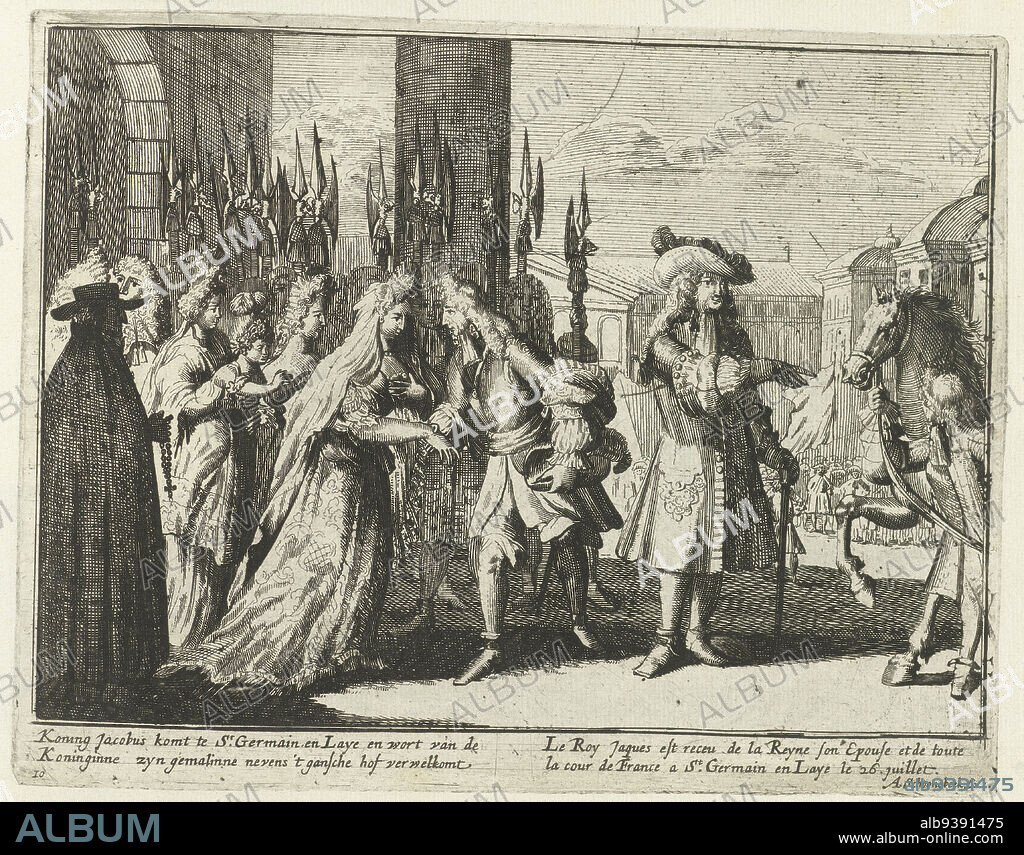 James II arrives at Saint-Germain-en-Laye, 1690, King James arrives at St. Germain. Germain en Laye and is welcomed by the Queen and his wife along with the whole court (title on object), English stage depicting the main events in Yrland from the Year 1690 until the campaign of King May: Mayestry of Great Britain 1691 (series title on object), The fugitive King James II arrives at the castle Château de Saint-Germain-en-Laye where he is welcomed by Queen Mary of Modena with their son the Prince of Wales, July 1690. Plate No. 10 in the series 'Engelants schouwtoneel' on the war between William III and James II in the years 1690-1691 after the Glorious Revolution, (third volume). With captions in Dutch and French., print maker: Pieter Pickaert (possibly), print maker: Laurens Scherm (possibly), Amsterdam, 1691, paper, etching, height 154 mm × width 198 mm.