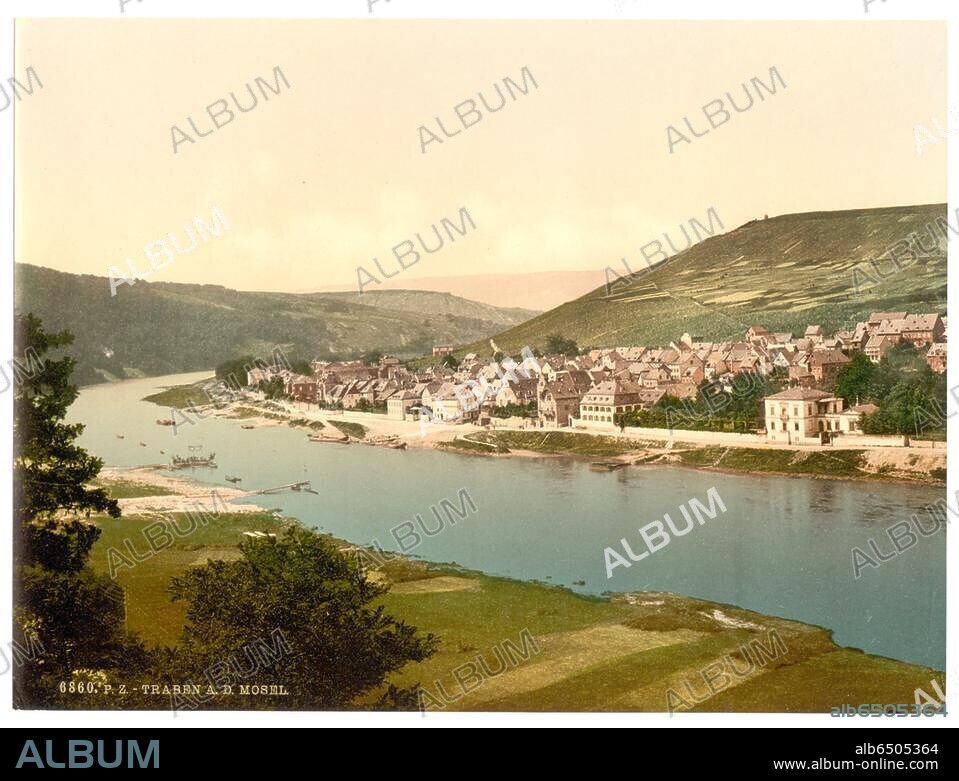 Traben-Trarbach (Rheinland-Pfalz, Deutschland).-TRABEN A.D. MOSEL.-Stadtansicht mit Mosel. Photochrom, um 1890/1900 (Detroit Publishing Co.).