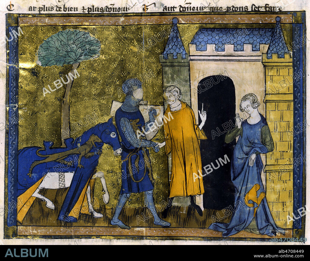 Miniature montrant probablement rencontrant retrouvant la reine Guenievre, enlevee a Arthur. Lancelot ou le Chevalier à la charrette, roman de Lancelot, vers 1175-1181 (inacheve) par CHRETIEN DE TROYES (1135-1183) . Miniature tiree d'un manuscrit du 13eme s. (13e, XIIIe, XIIIeme s.) Credit : Collection NB/KHARBINE-TAPABOR.