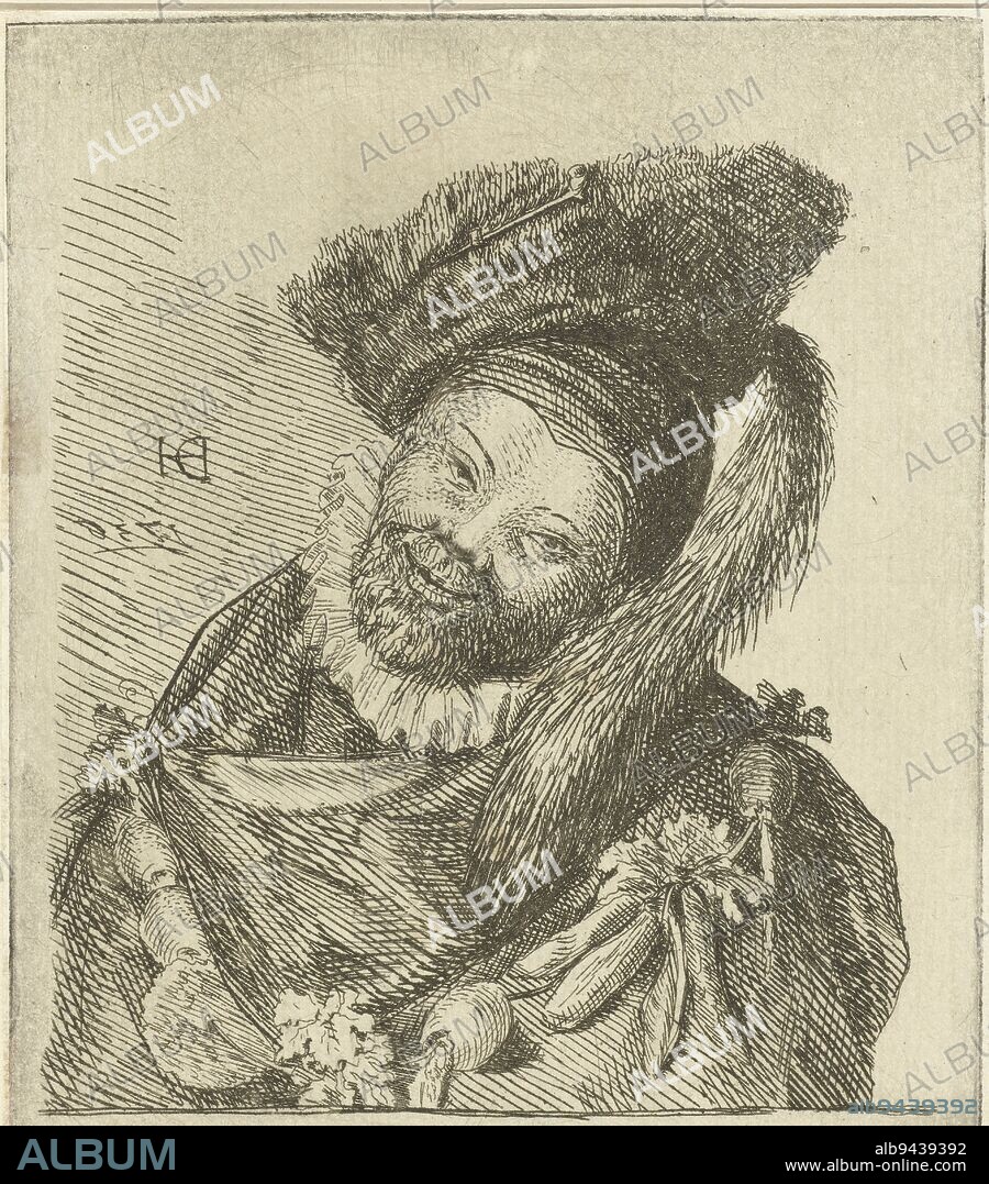 Portrait bust of a smiling jester wearing a fox-tail hat. On the hat, instead of a hatpin, there is a pipe. The jester wears a necklace with various vegetables and flowers, Jester with vegetable necklace, print maker: Louis Bernard Coclers, Dirck Hals, (mentioned on object), unknown, 1756 - 1817, paper, etching, h 138 mm × w 110 mm.