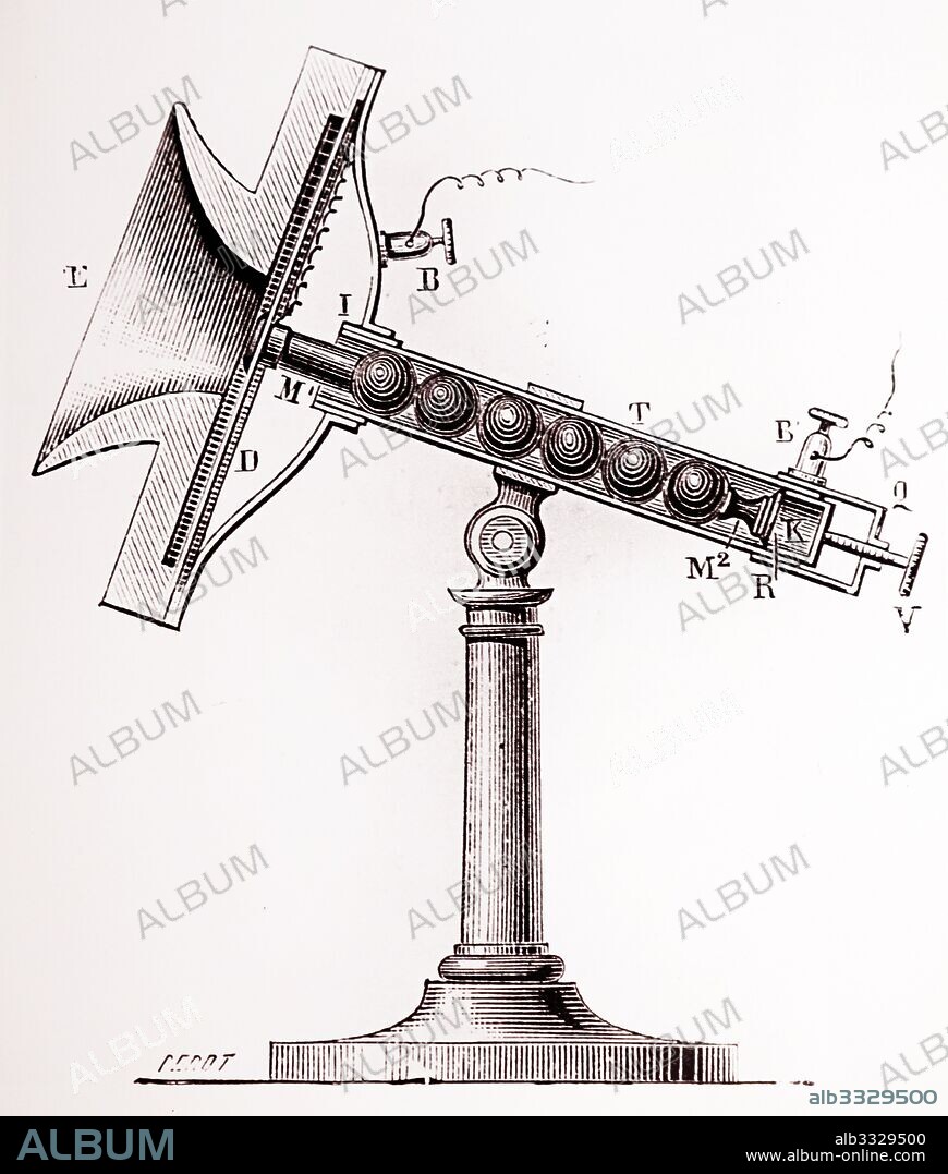 Boudet's microphone: this consisted of a glass tube 3ins long and 0.4 ins in diameter. Copper cylinder, M was connected to membrane of rubber (D) at one end and to six carbon balls at the other. Screw at V was used to adjust pressure of contact between balls. Dated 1882.