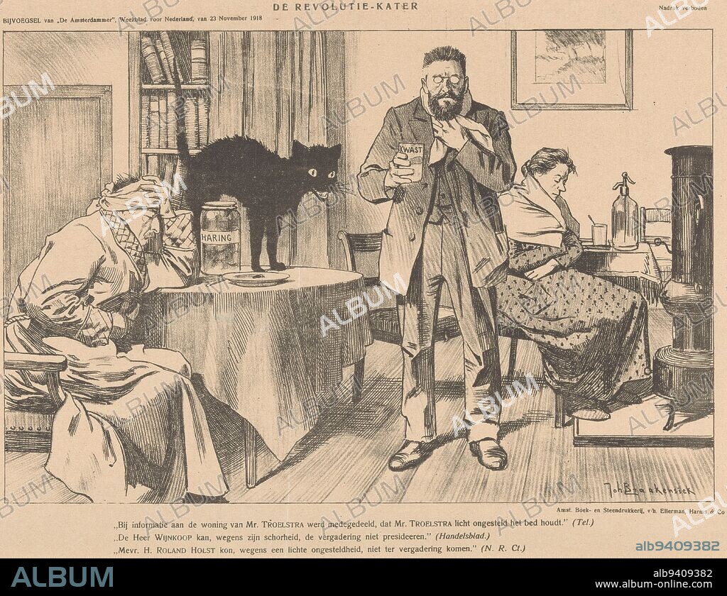 Pieter Jelles Troelstra, David Wijnkoop and Henriëtte Roland Holst, sick and dejected in a living room. On the table a pot of herring and a grinning black hangover. Wijnkoop is holding a glass with a brush, a drink with lemon juice, The Revolutionary hangover (original title on object)., print maker: Johan Braakensiek, (mentioned on object), printer: Amsterdamsche Boek- en Steendrukkerij v/h Ellerman Harms & Co., (mentioned on object), Amsterdam, 23-Nov-1918, paper, h 305 mm × w 461 mm.