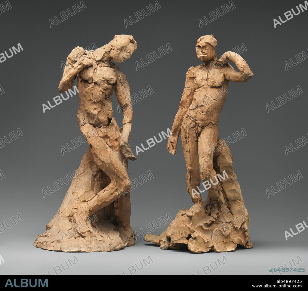 Auguste Rodin, Pair of Standing Nude Male Figures Demonstrating the Principles of Contrapposto according to Michelangelo and Phidias, French, Auguste Rodin (French, Paris 18401917 Meudon), ca. 1911, French, Terracotta, Height (.1, wt. confirmed): 14 1/2 in., 6.6 lb. (36.8 cm, 3 kg), Height (.2, wt. confirmed): 14 1/2 in., 5.2 lb. (36.8 cm, 2.4 kg), Sculpture.