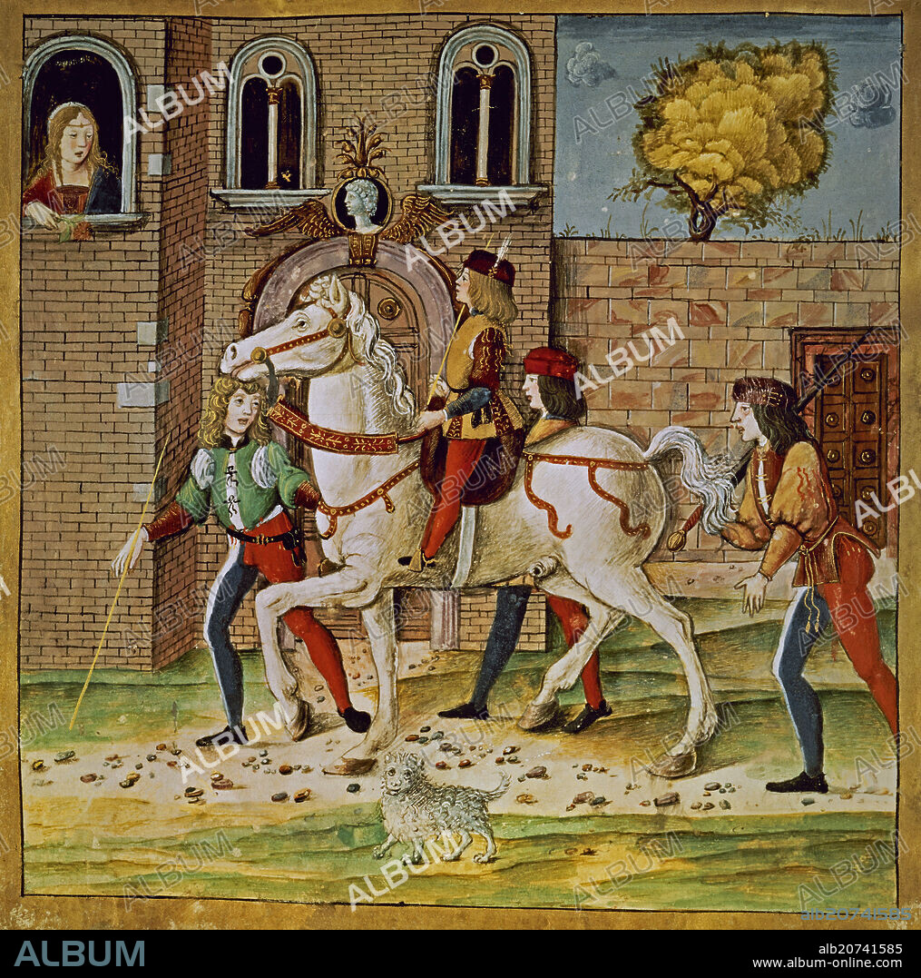 MINIATURA DE MAXIMILIANO SFORZA A CABALLO (1493/1530) - MANUSCRITO SIGLO XVI.