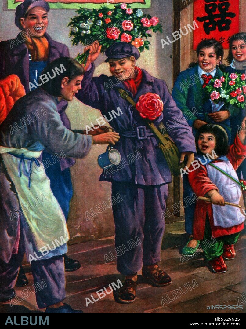 Family and friends seeing a 'People's Volunteer Army' volunteer off to fight on the communist side in the Korean War. The Chinese intervened in the Korean War on 25 October 1950 when Mao Zedong ordered an initial 200,000 PVA troops to cross the Yalu River into Korea and engage the UN (predominantly US) forces there. China sent an estimated 1,350,000 troops to fight in Korea; of these about 180,000 died, though some estimates have put the total PVA deaths as high as 450,000. China emerged from the Korean War united by a sense of national pride, despite the war's enormous costs. The Chinese people have the point of view that the war was initiated by the United States and South Korea. In the Chinese media, the Chinese war effort is considered as an example of China's engaging the strongest power in the world with an under-equipped army, forcing it to retreat, and fighting it to a military stalemate. These successes were contrasted with China's historical humiliations by Japan and by Western powers over the previous hundred years.