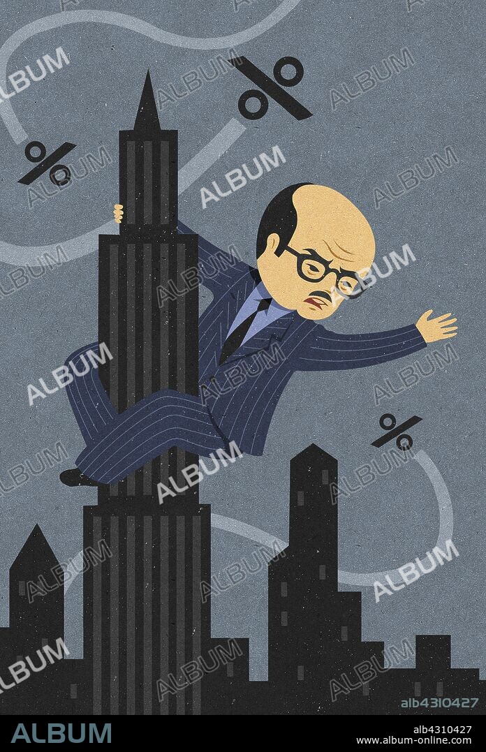 Businessman as King Kong clinging to Empire State Building fighting threatening percentage rates.