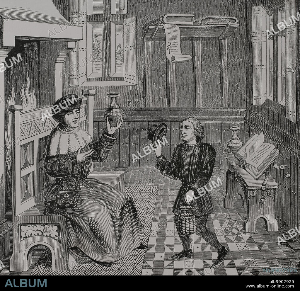 Interior de la casa de un médico. Grabado a partir de una miniatura de la "Epístola de Othea" (Épître dOthéa) de Christine de Pisan en el siglo XV. Sciences & Lettres au Moyen Age et à l'époque de la Renaissance. París, 1877.