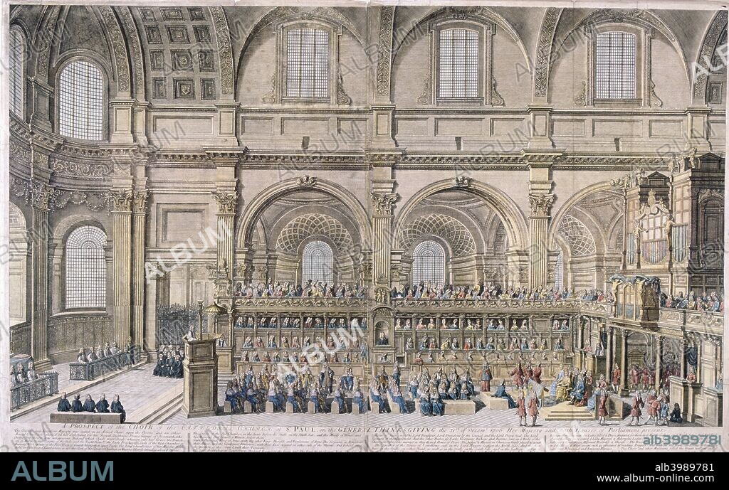 St Paul's Cathedral, London, 1706, (1707). Interior view of St Paul's Cathedral showing the choir at the General Thanksgiving on 31st December, 1706, with Queen Anne and Prince George of Denmark surrounded by courtiers in the bottom right corner. A description of the occasion appears in the bottom margin.