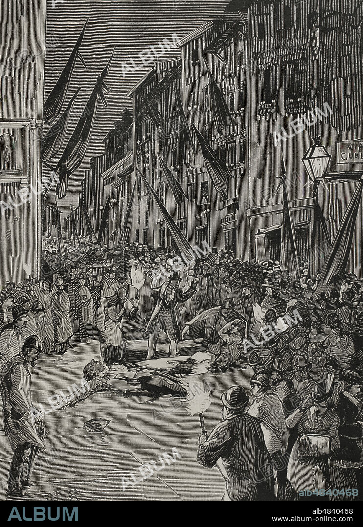 Italia, Florencia. Explosión de una bomba Orsini en la Via Guelfa, arrojada contra la multitud durante una manifestación monárquica el 18 de noviembre de 1878. Grabado. La Ilustración Española y Americana, 1878.