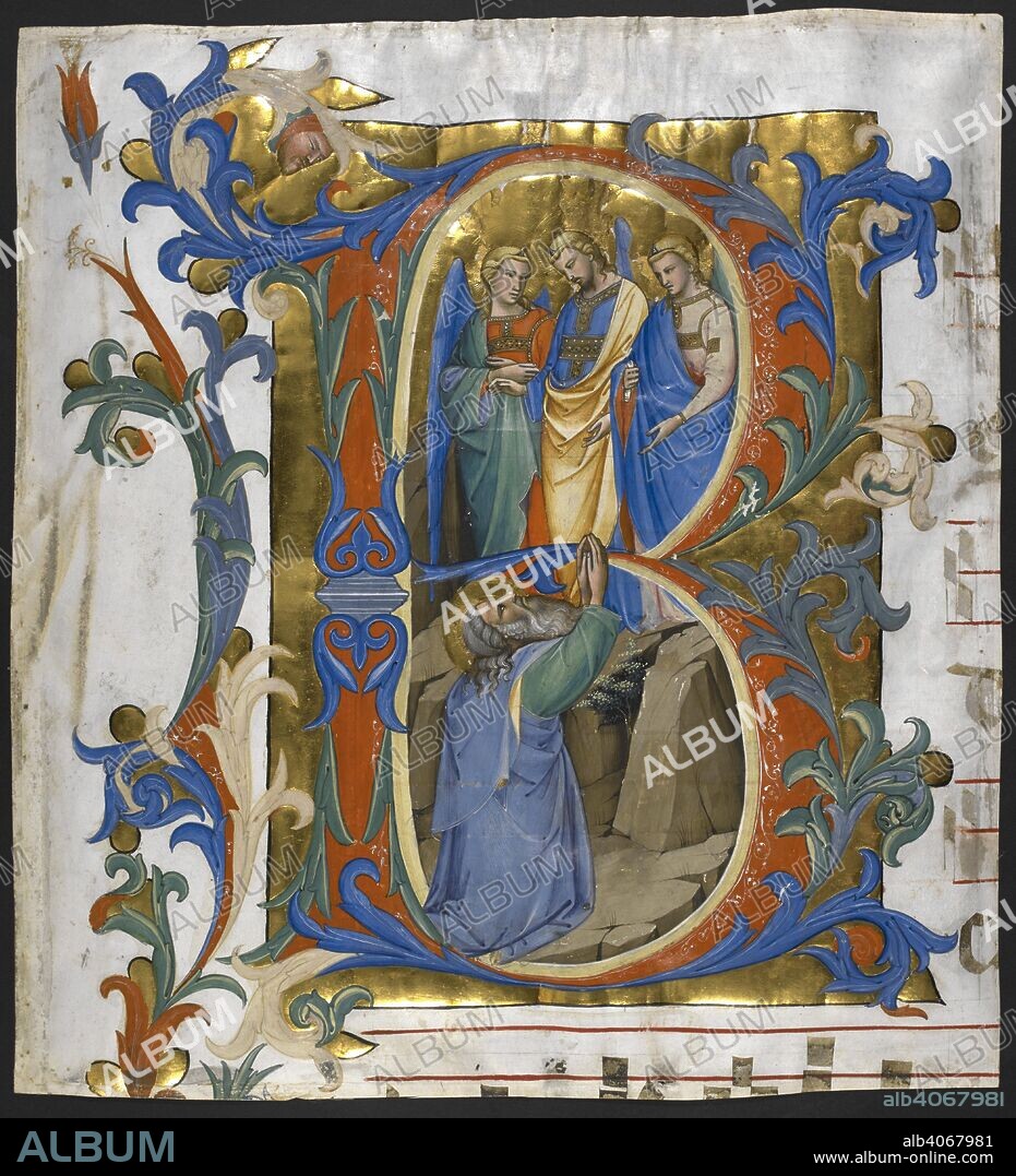 FILIPPO DI MATTEO TORELLI. Initial â€˜Bâ€™ with Abraham and three angels (Genesis 18:2-5), illustrating the fourth responsory of the first nocturn for Trinity Sunday, 'Benedicat nos Deus', from an Antiphonary for the Proper of Time (from Easter to Sunday of the Holy Trinity) with a section of antiphons for the Common of Saints. This antiphonary, which is now Florence, Biblioteca Medicea Laurenziana Corale 1, is dated 1396 (f. 28). Cutting of an Illuminated Initial; after 1396. after 1396. illuminated by Matteo di Filippo Torelli or Lorenzo Monaco:. Source: Add. 74233 B. Language: Latin.