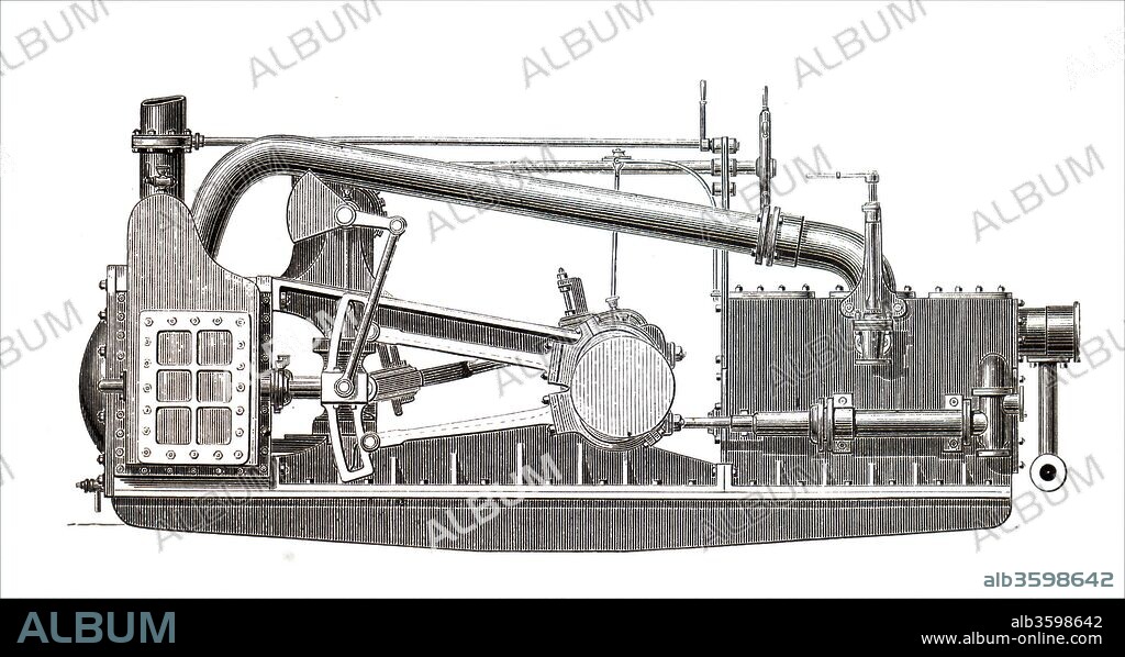 Illustration depicting an early steam turbine, a device that extracts thermal energy from pressurised steam and uses it to do mechanical work on a rotating output shaft. Invented by Charles Algernon Parsons (1854-1931) an Anglo-Irish engineer and inventor of the compound steam turbine. Dated 19th century.