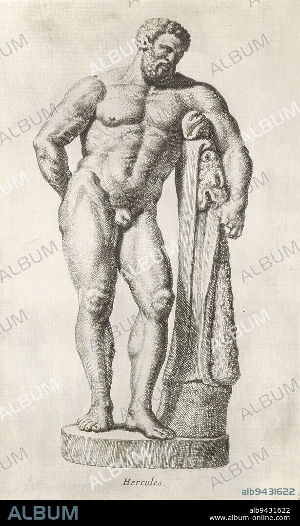 Sculpture of Hercules, Hercules (title on object), Sculpture of Hercules leaning on his club and the skin of a lion. The print is part of an album with a series of prints after sculptures in the collection of Gerard Reynst., print maker: Hubert Quellinus, print maker: Gerard de Lairesse, (rejected attribution), Antwerp, 1646 - 1670, paper, engraving, height 320 mm × width 198 mm.