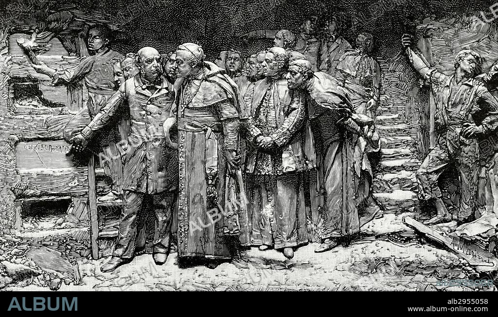PIO IX (1792-1878). Papa de la Iglésia Católica de 1846-1878, "Primera visita de Pío IX a las Catacumbas de San Calixto". Grabado extraído del bajorrelieve de Aniceto Marinas (1866-1953). Grabado de La Ilustración Española y Americana", 1903.