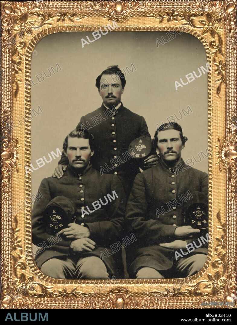 Entitled: "Union privates and twin brothers Bartlett and John Ellsworth with brother Samuel Ellsworth of Company A, 12th New Hampshire Infantry, circa 1861-62." Twins are two offspring produced by the same pregnancy. Twins can either be monozygotic (identical), meaning that they can develop from just one zygote that will then split and form two embryos, or dizygotic (fraternal), meaning that they can develop from two different eggs, each are fertilized by separate sperm cells.