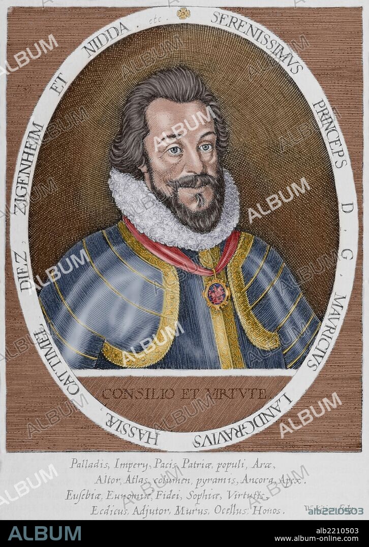 Mauricio de Hesse-Kassel, llamado "el Iluminado" (en alemán, Moritz von Hessen-Kassel, der Gelehrte) (1572-1632). Landgrave de Hesse-Kassel de 1592 a 1627. Facsímil reducido del grabado de Wolfgango Kilian. Coloreado.