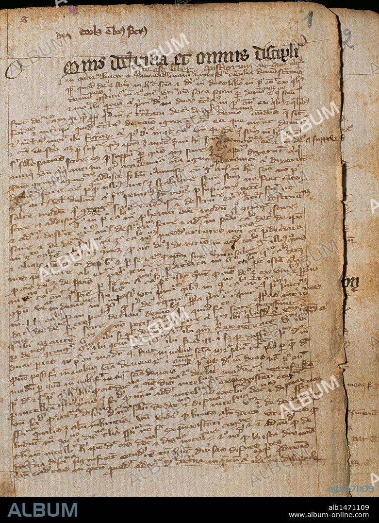"MISCELANEA". Incunable del siglo XIV compuesto de siete unidades en donde aparecen escolares de la Universidad de París y su Facultad de Arte. Entre sus autores se encuentran los filósofos alemanes Alberto DE SAJONIA (1316-1390) y Marsilio DE INGHEN (1300-1396). Folio 1. Archivo Capitular de Tortosa Provincia de Tarragona. Cataluña.