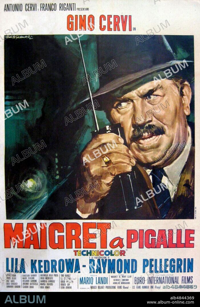 CINEMA manifesto of the police film 'Maigret a Pigalle', based on the novel 'Maigret al night-club' by Georges Simenon (1903 - 1989). With the direction of Mario Landi (1920 - 1992) and the famous commissioner played by Gino Cervi (1901 - 1974), it was the first and only film shot for the cinema re-proposing the couple director / star of the successful television series. Italian-French production, 1967.