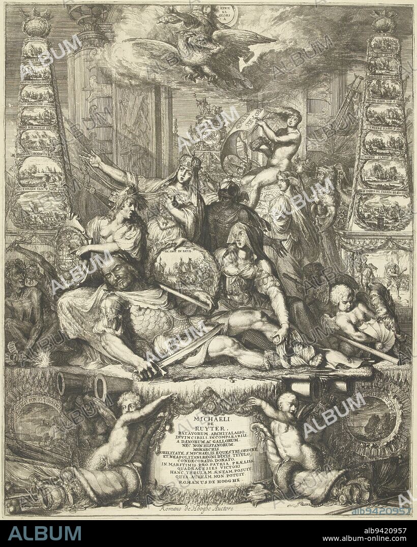 Allegory of the death of Admiral Michiel de Ruyter, April 29, 1676. Mausoleum with the body of the deceased naval hero being adorned by the Dutch Virgin, the Amsterdam City Virgin and a woman bearing his family crest. Behind them Mercury, Fortune, Force and other allegorical figures. On either side, two columns with depictions of De Ruyter's victories. Below, an inscription on the pedestal of one column in Latin, Allegory of the Death of Michiel de Ruyter, 1676, print maker: Romeyn de Hooghe, (mentioned on object), Romeyn de Hooghe, (attributed to), Amsterdam, 1676 - 1677, paper, etching, h 530 mm × w 420 mm.