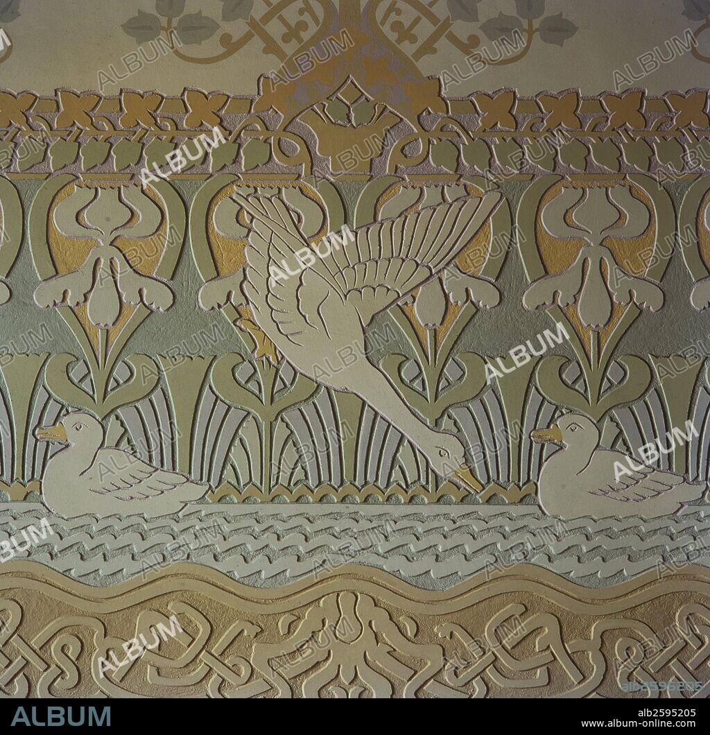 JOSEP PUIG I CADAFALCH. Casa Coll i Regàs, 1898. Detalle de la decoración esgrafiada del comedor con escenas bucólicas de patos y cigüeñas pescando. Mataró.