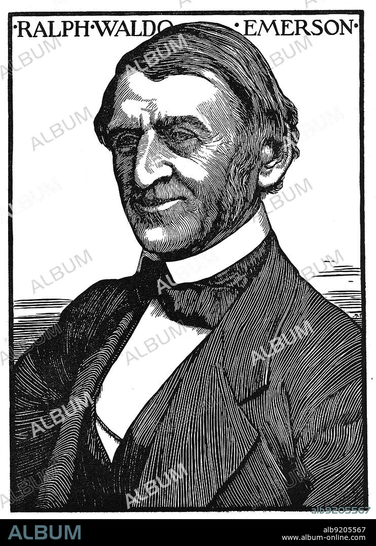Ralph Waldo Emerson (1803-1882), American essayist, lecturer, philosopher, abolitionist, and poet who led the transcendentalist movement of the mid-19th century. Woodcut by Robert Bryden (1865-1939), a Scots artist and sculptor, 1901.