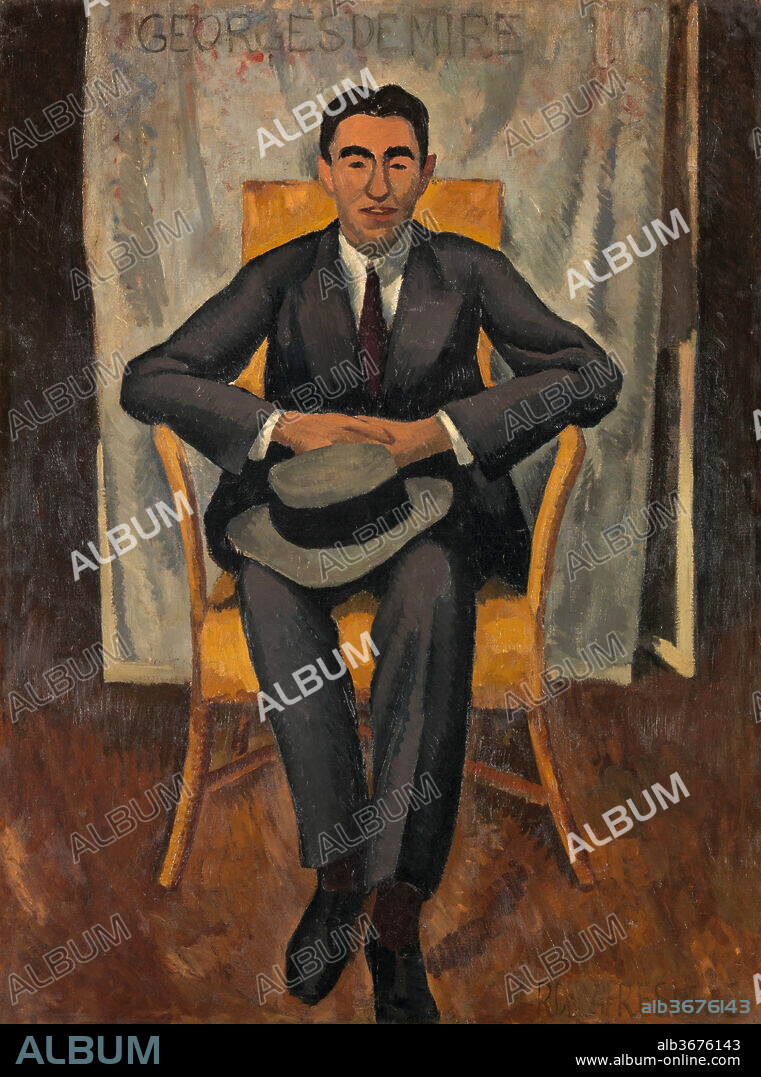 Georges de Miré. Artist: Roger de la Fresnaye (French, Le Mans 1885-1925 Grasse). Dimensions: 51 1/2 × 38 1/2 in. (130.8 × 97.8 cm). Date: 1910.
In this full-length portrait of the artist's first cousin and friend, Georges de Miré, La Fresnaye reduced the figure's features to essential detail only. The sharp, angular lines and limited color range reveal the influence of Cubism and anticipate his involvement in the Section d'Or, which he joined in 1912.