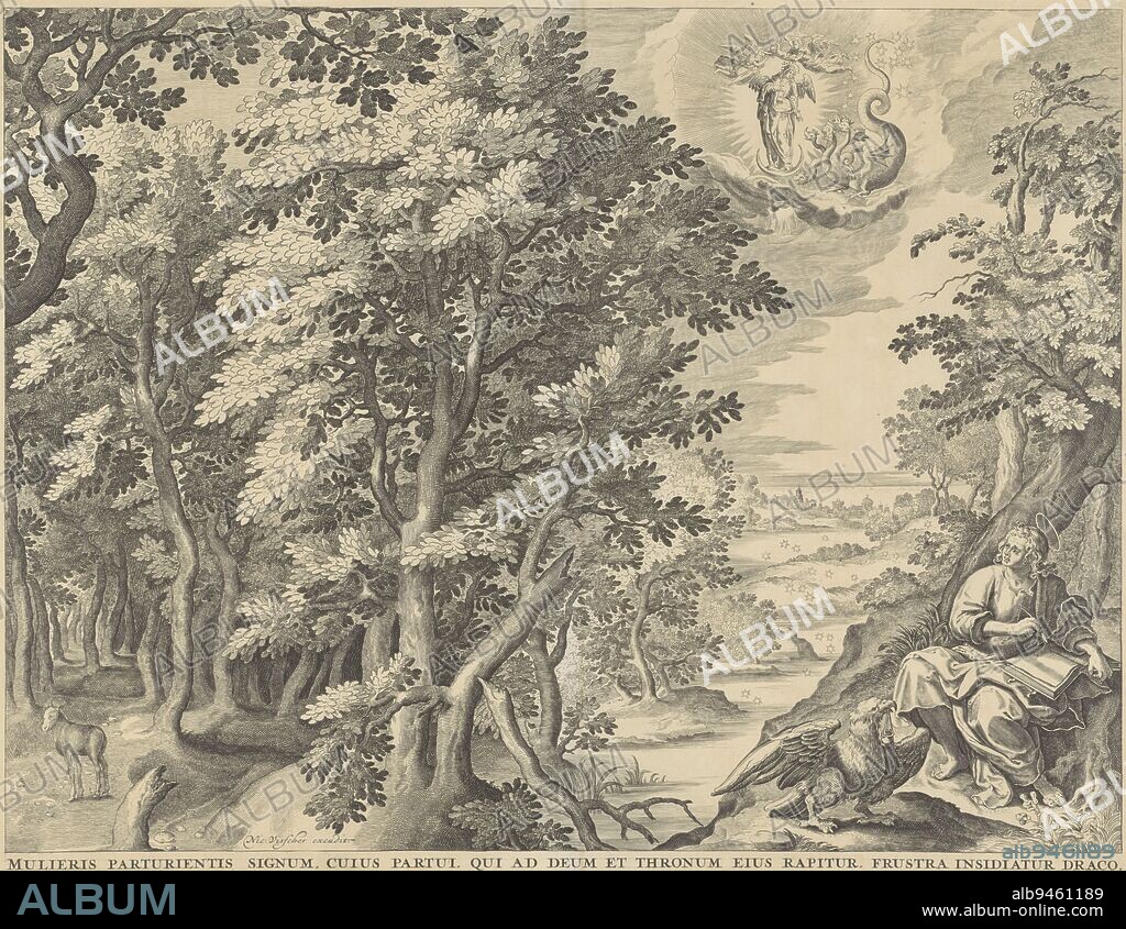 John the evangelist on Patmos writing his revelations in a book, the eagle sitting beside him holding the inkwell in its beak In the sky one of John's visions: the pregnant woman, standing on the crescent moon, is threatened by a seven-headed dragon, but the child she has given birth to is carried off by angels On the left, a forest Below the scene the title in Latin, a text in Dutch and a reference to the Bible text in Op 12, John on the Isle of Patmos Mulieris parturientis signum, cuius partui, qui ad Deum et thronum eius rapitur, frustra insidiatur draco Royaalbijbel , print maker: anonymous, Johann Sadeler (I), Maerten de Vos, Amsterdam, 1652 - 1702, paper, engraving, h 406 mm × w 504 mm.