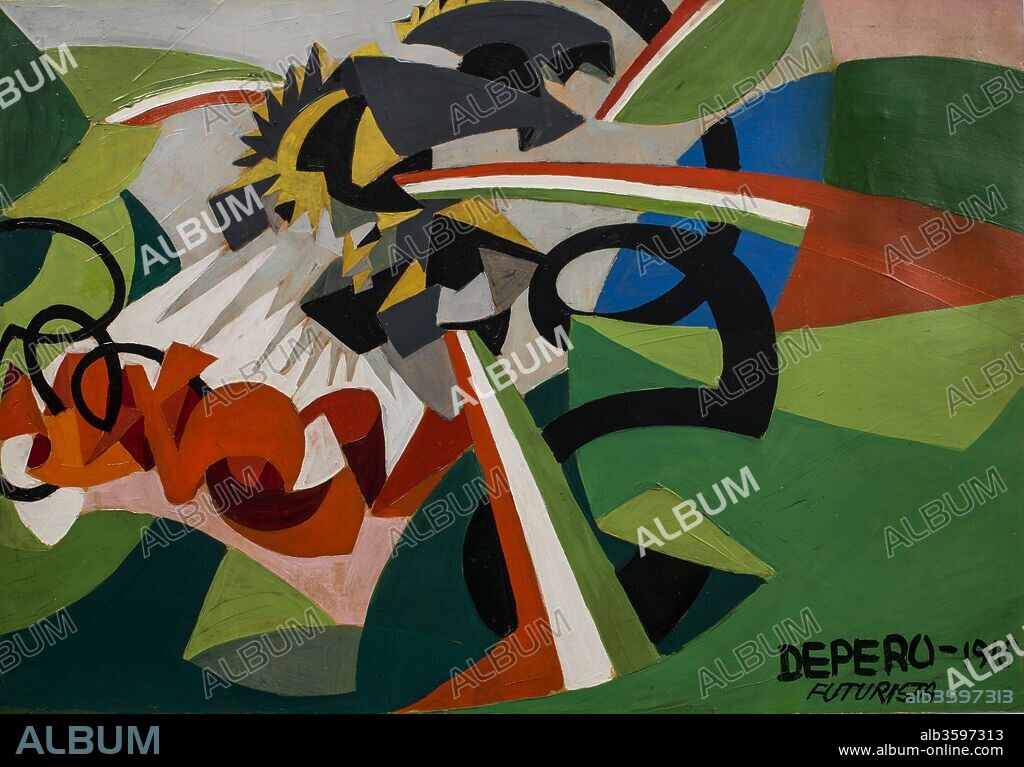 FORTUNATO DEPERO. Paesaggio guerresco. Esplosioni giallo e nero e tricolore.