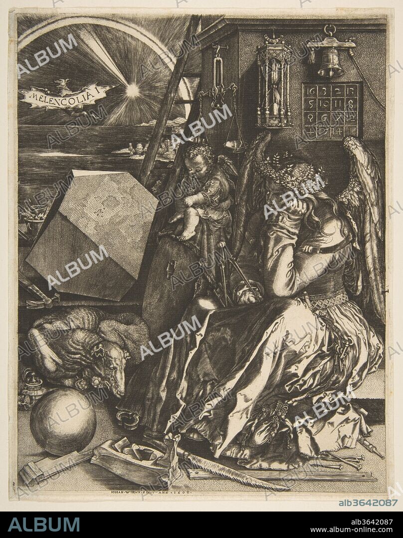 AFTER ALBRECHT DÜRER and JAN (JOHANNES) WIERIX. Melencolia I (copy). Artist: After Albrecht Dürer (German, Nuremberg 1471-1528 Nuremberg); Jan (Johannes) Wierix (Netherlandish, Antwerp 1549-1615 Brussels). Dimensions: Sheet: 9 1/2 × 7 9/16 in. (24.2 × 19.2 cm). Date: 1602.