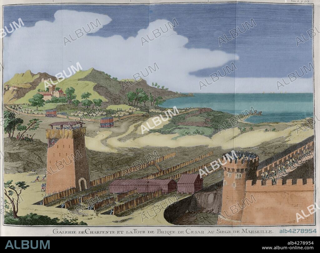 II Guerra Civil de la República Romana,49 A. C-45 A. C. Enfrentamiento entre Pompeyo el Grande y Julio Cesar. La ciudad de Marsella fué sitiada y asediada por las legiones cesarianas por dar apoyo a Pompeyo. La ciudad se rindió. Grabado del sitio de Marsella por Julio Cesar, año 49 A. C. Coloreado. Historia de Polibio. Tomo II. Edición francesa traducida del griego por Dom Vincent Thuillier. Comentarios o textos de ciencia militar enriquecidos con notas críticas e históricas por M. de Folard. París, chez Pierre Gandouin, Julien-Michel Gandouin, Pierre-François Giffart y Nicolas-Pierre Armand,1727. Imprenta de Jean-Baptiste Lamesle.