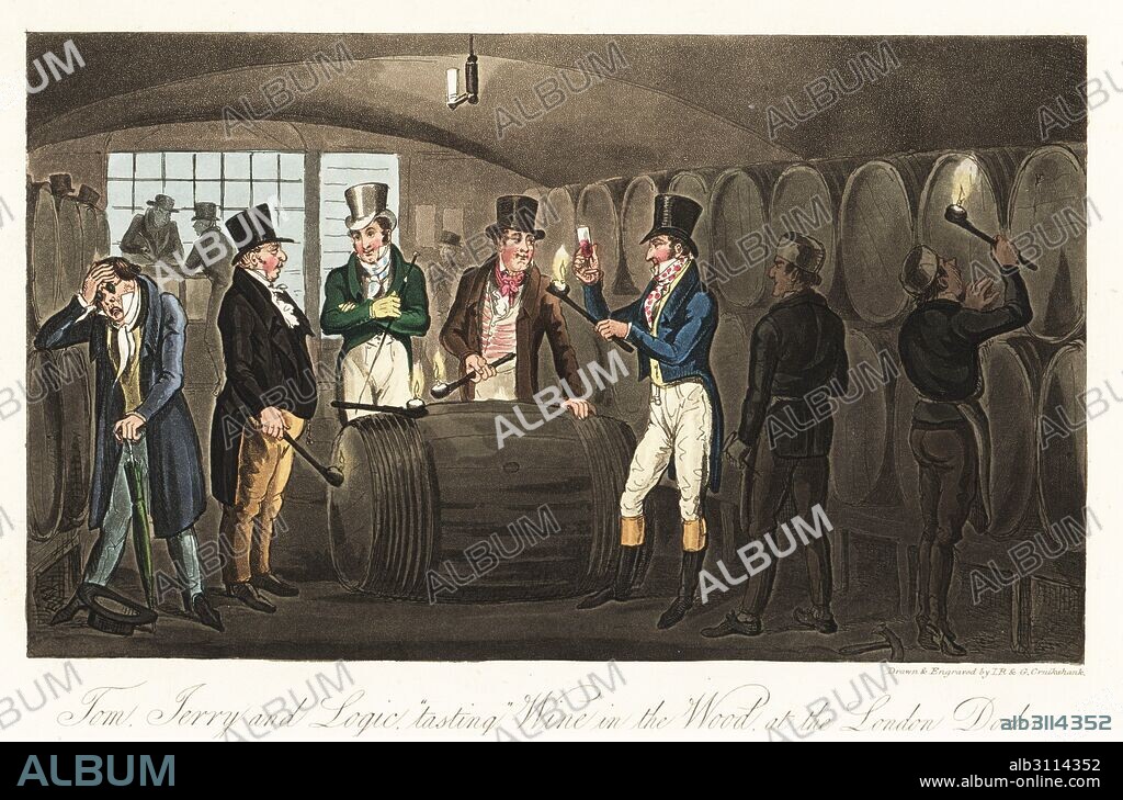 English dandies at a wine tasting in a vault, 1820. Tom, Jerry and Logic tasting Wine in the Wood at the London Docks. Handcoloured copperplate engraving by Isaac Robert Cruikshank and George Cruikshank from Pierce Egan's Life in London, Sherwood, Jones, London, 1823.