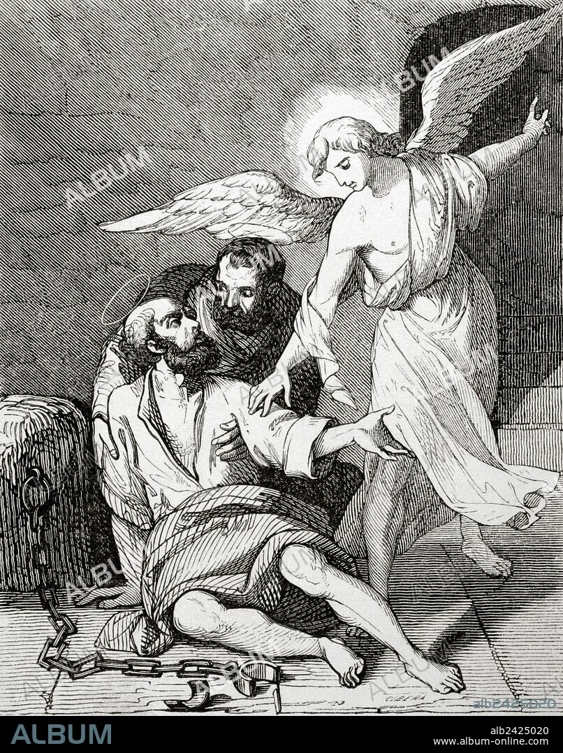 SANTOS MARCELINO y SAN PEDRO. Mártires en Roma año 304, durante la persecución de Diocleciano (primeros años del siglo IV). Grabado.