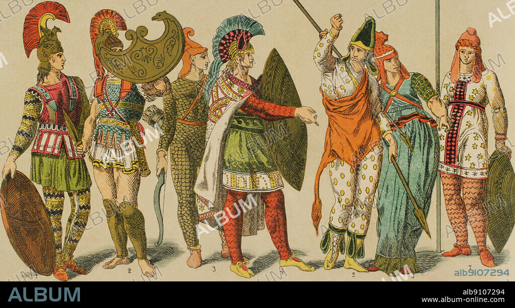 Anatolian Peninsula. Lydians and Phrygians. From left to right; 1: leather or felt vestment, under the armour, 2: small shield, double edged sword, 3: one or two-horned bow, 4: prince costume, 5: amazon vestment, 6: Greek style amazon clothes, 7: amazon vestment. Chromolithography. "Historia Universal" (Universal History), by Cesar Cantu. Volume I, 1881.
