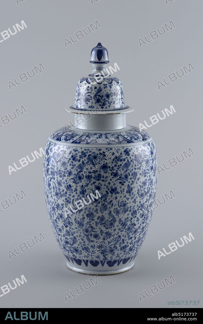Jar and lid, De Drie Posteleyne Astonne (The Three Porcelain Ash-Barrels), Gerrit Pietersz Kam, De Paauw (Peacock) Factory, Dutch, active 1651 - 1774, Tin-glazed earthenware, Large ovoid jar, tall straight-sided neck, slightly flattened foot; painted in underglaze blue on white with overall floral and bird pattern with leaf band bottom and floral reserve band at shoulder; high domed cover with wide flat base, acorn finial, decorated with floral and bird pattern., Delft, Netherlands, 16731700, ceramics, Decorative Arts, Jar and lid.