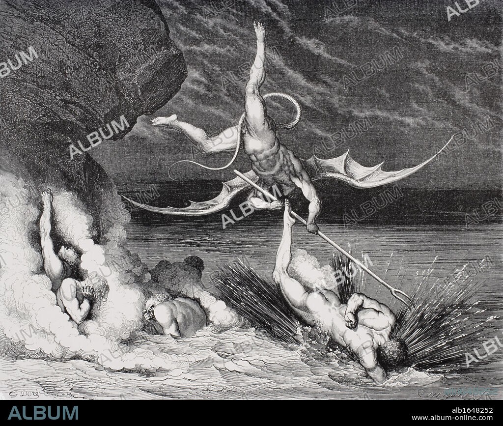Engraving by Gustave Dore 1832-1883 French artist and illustrator for Inferno by Dante Alighieri Canto XXII lines 125,126.