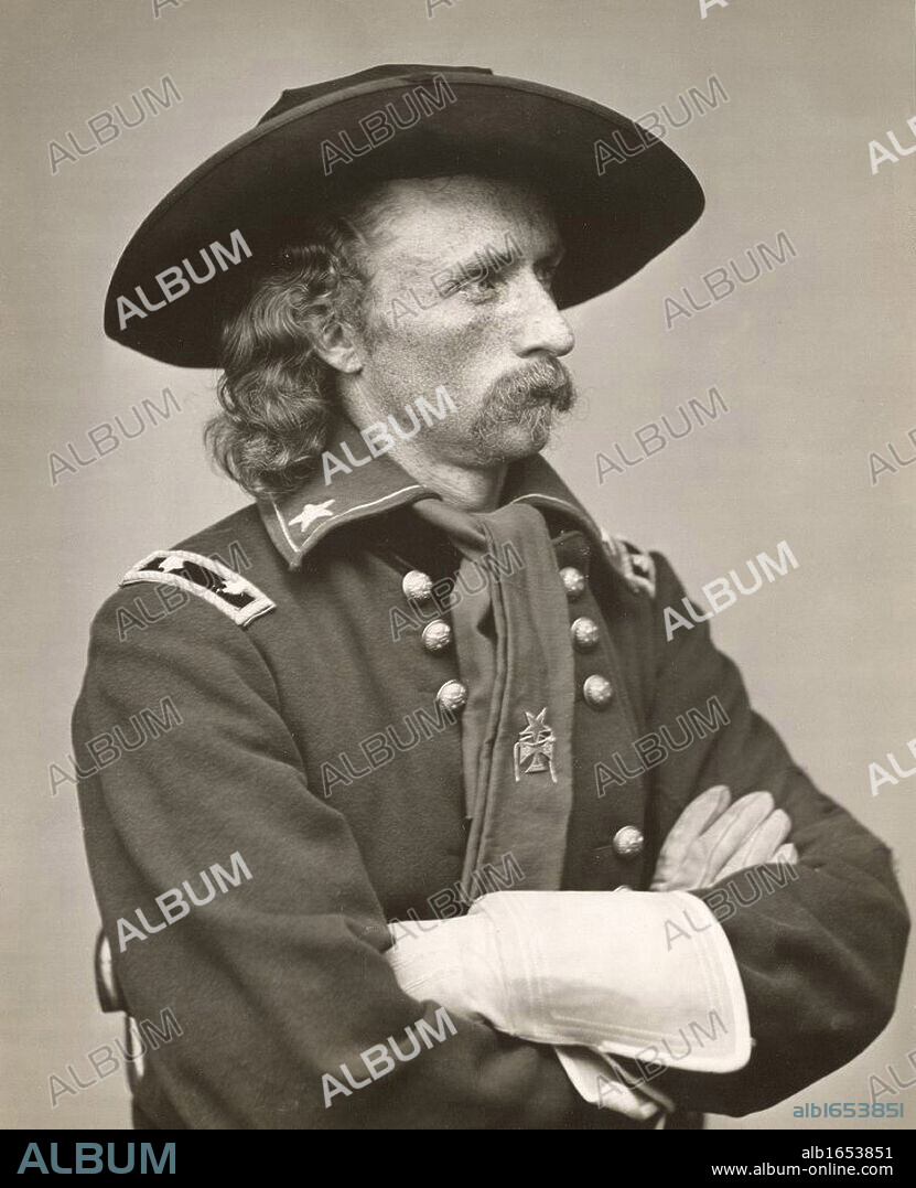 George Armstrong Custer (1839-1876) United States Army office and cavalry commander in American Civil War and Indian Wars. Defeated and killed at Battle of Little Bighorn in what is called Custer's Last Stand.  Photograph.