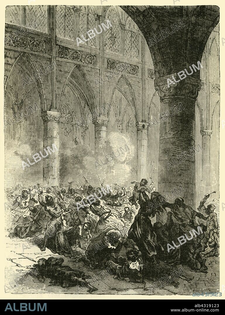 'The Massacre at Beziers', (1209), 1890. On 22 July 1209 the people of Beziers were slaughtered in churches by Crusaders and routiers, following the failure of Renaud de Montpeyroux to negotiate departure of Cathars from within the city. From "Cassell's Illustrated Universal History, Vol. III - The Middle Ages", by Edmund Ollier. [Cassell and Company, Limited, London, Paris and Melbourne, 1890. ].
