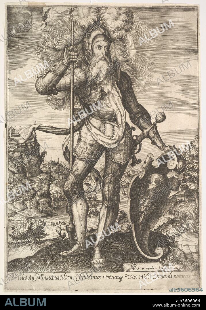 St. William of Aquitaine in armor bearing a standard in his right hand and resting his left hand on a shield, a landscape beyond. Artist: Martinus Martini (Swiss, 1566-1610); Previously attributed to Melchior Meier (German, active Italy, ca. 1572-82). Dimensions: sheet: 11 9/16 x 7 15/16 in. (29.4 x 20.1 cm). Date: ca. 1581-1610.