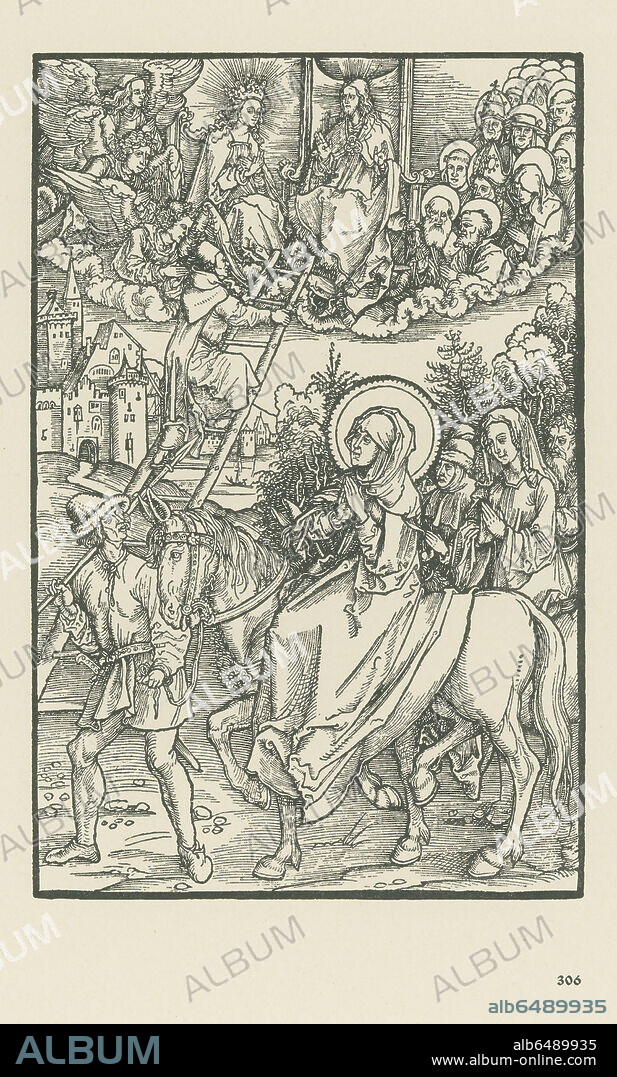 ALBRECHT DÜRER. Saint Birgitta has a vision of Magister Magnus ascending to Heaven, while riding to Vadstena Castle with retinue. Illustration to Saint Birgitta of Sweden: Revelationes (Birgitta Suecica, Reuelationes sancte Birgitte). Published by Florian Waldauf (von Waldenstein), printed by Anton Koberger, Nuremberg, 21 September 1500. Woodcut.