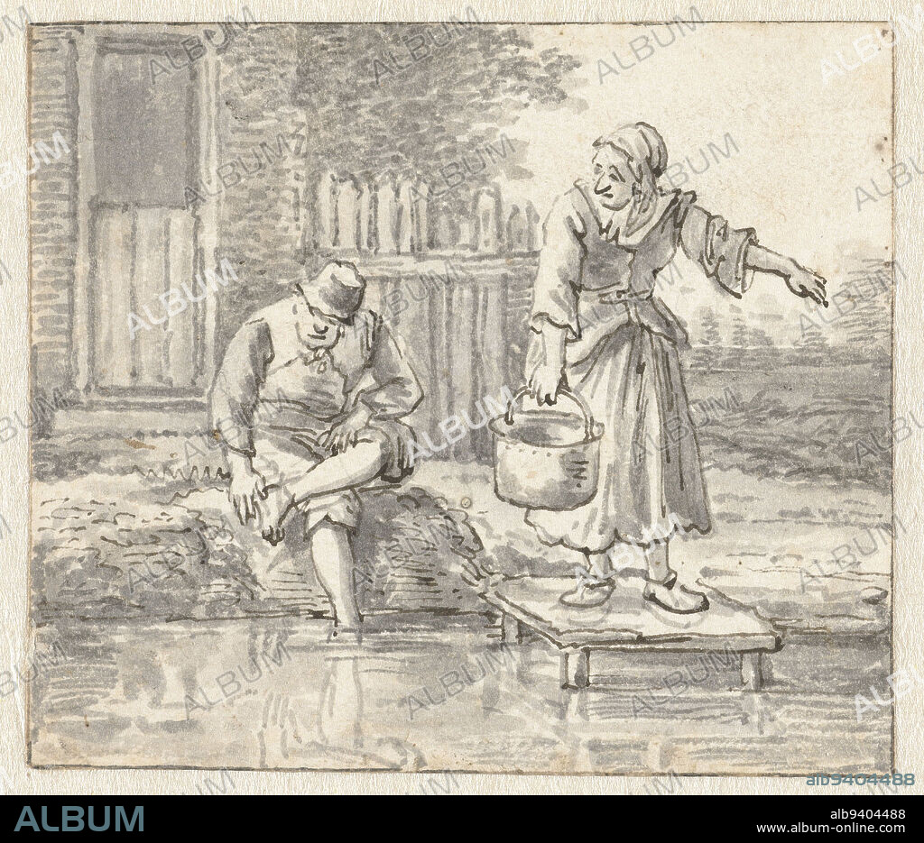 Man washing his feet and a woman with a cauldron, Adriaen Pietersz van de Venne, 1600 - 1800, A man washing his feet in the water; on the right, a woman with a cauldron on a scaffold., draughtsman: Adriaen Pietersz. van de Venne, draughtsman: anonymous, 1600 - 1800, paper, pen, brush, h 73 mm × w 84 mm.